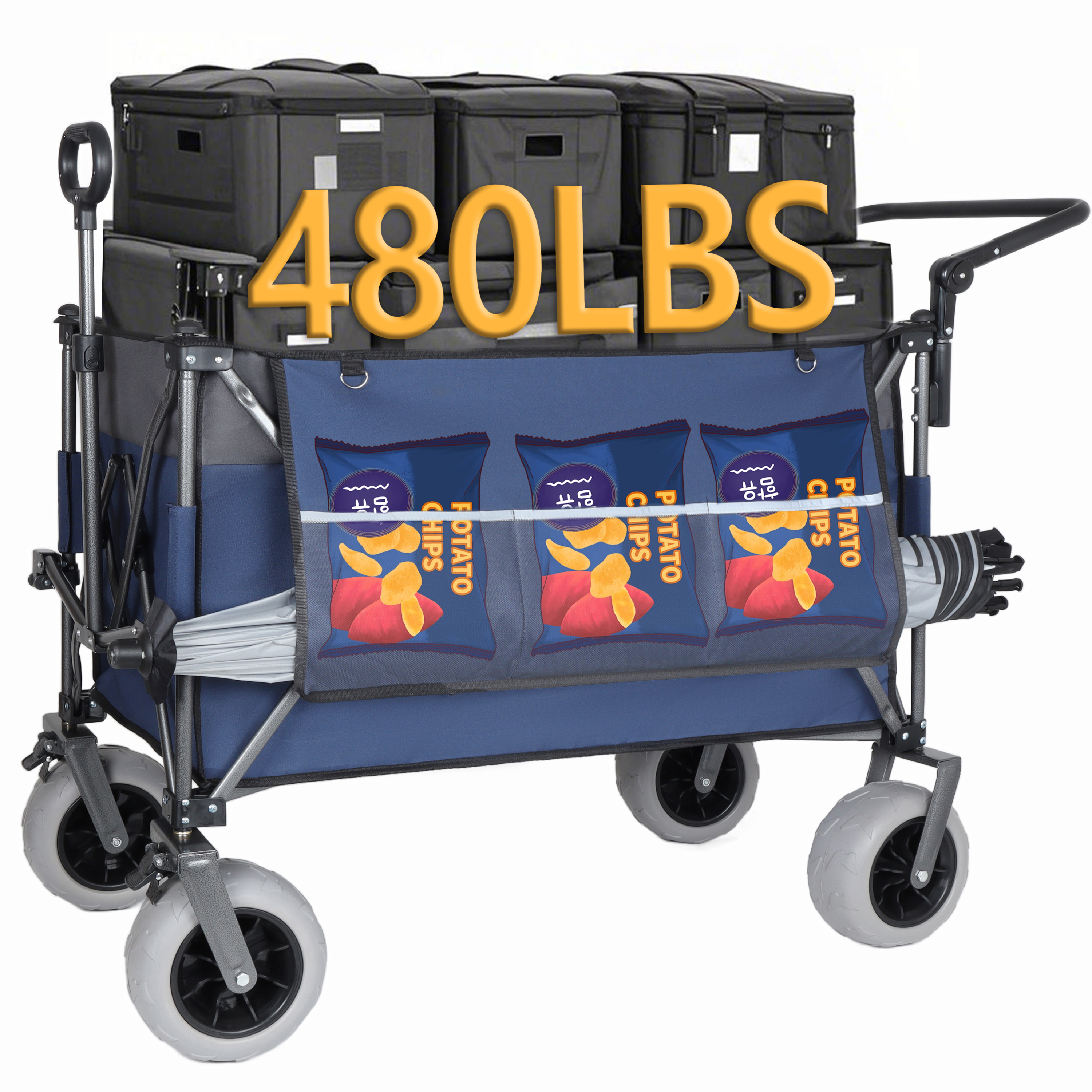 Multi-Functional Push-Pull Folding Wagon Cart with Rotating Handle & 9"x4" Beach Tires for Camping & Beach -300L XL Heavy-Duty, 480lbs load, Large Capacity for Transport, Groceries, and Outdoor Use