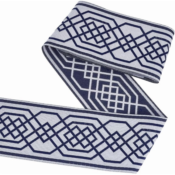 5.47Yards Blue Jacquard Ribbon 3.34inch Wide Classical Rhombus Embroidered Lace Trim Woven Ribbon Fabric Trim Vintage Jacquard Ribbon Fringe Floral Sewing Lace for Sewing and Crafts