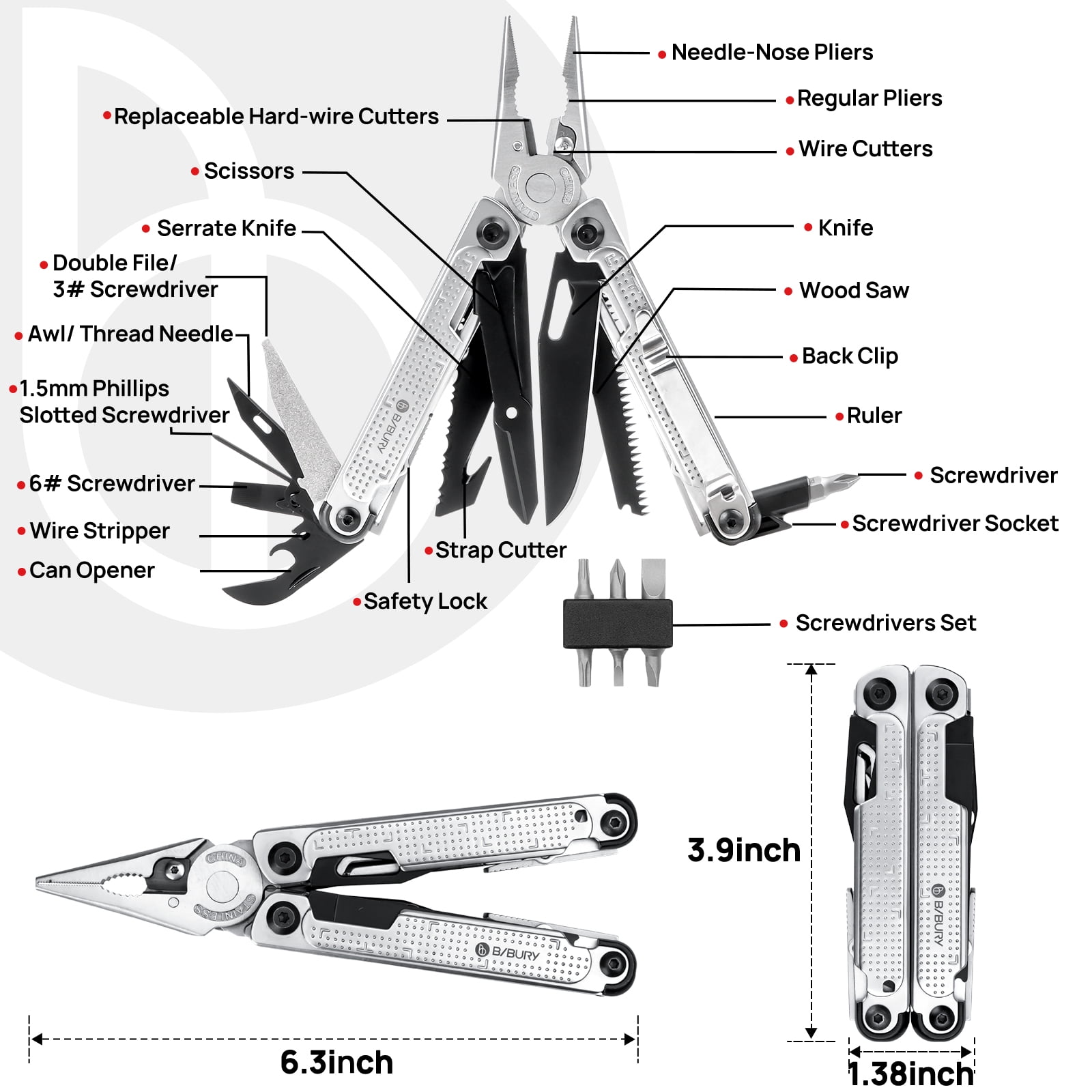 BIBURY Multitool Pliers, Stainless Steel Multi Tool with Upgraded Rope Cutter and Screwdrive, Foldable Self-locking Multitools with Nylon Pouch, Ideal for Camping, Hiking, Survival, Repair