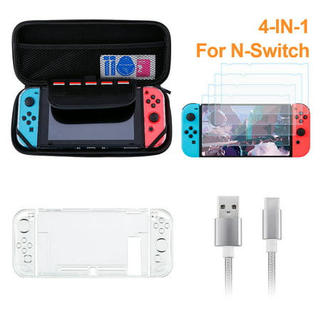 Accessories Starter Kit for Nintendo Switch with Portable Carrying Case Travel Storage Bag Crystal Clear Hard Shell Protective Cover 4 Tempered Glass Screen Protector USB Type-C Charging Cable