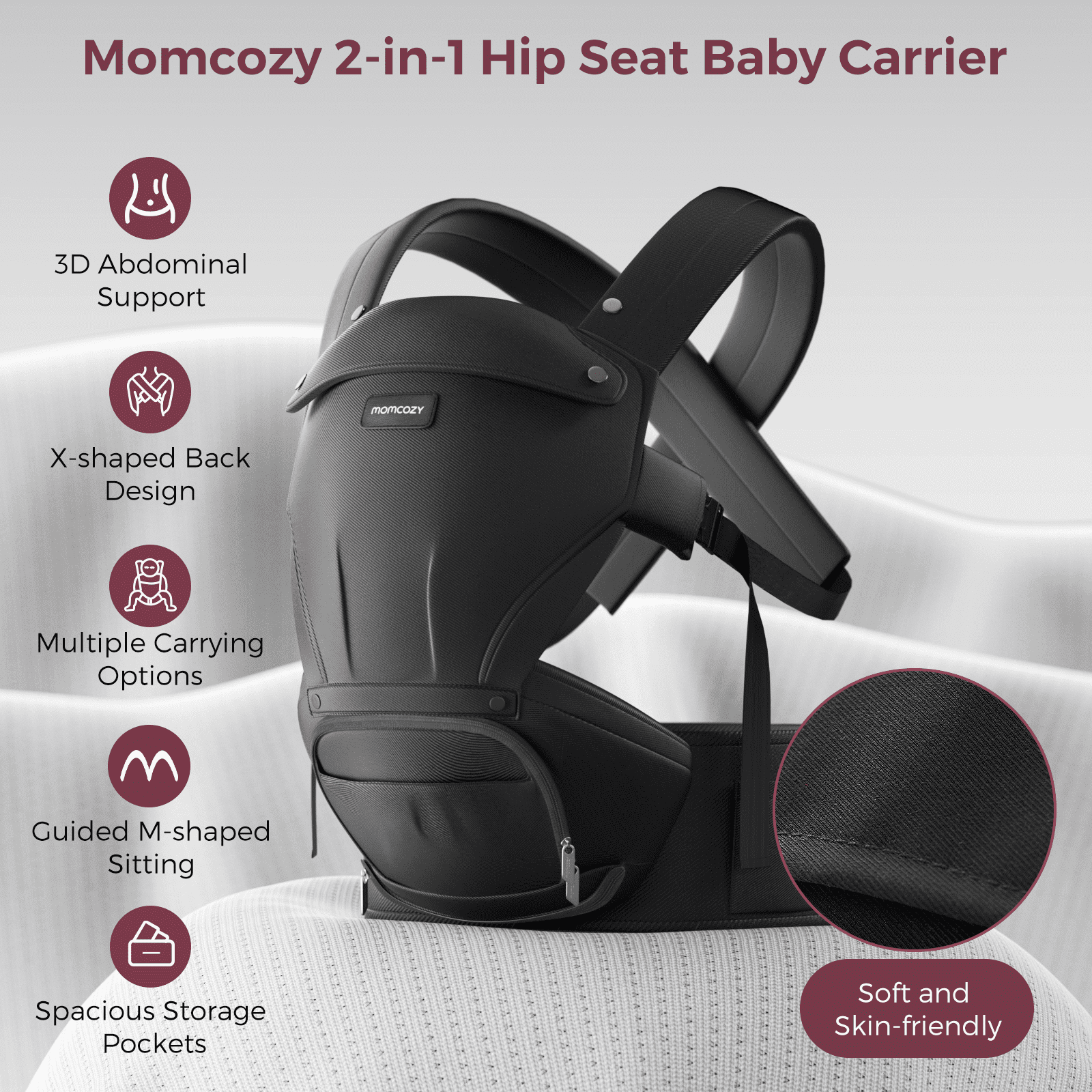 Momcozy Baby Carrier with Hip Seat, 2-in-1 Detachable Infant Hip Seat Carrier for Toddlers up to 44lbs. Breathable for Hands-Free Carrying. Fits Waist Sizes up to 47 Inches for Mom & Dad