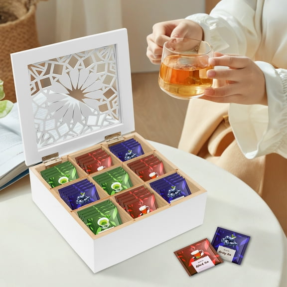 Wood Tea Bag Organizer with Hinged Lid and 9 Compartments Multipurpose Tea Box for Countertop and Cabinet Storage Organization