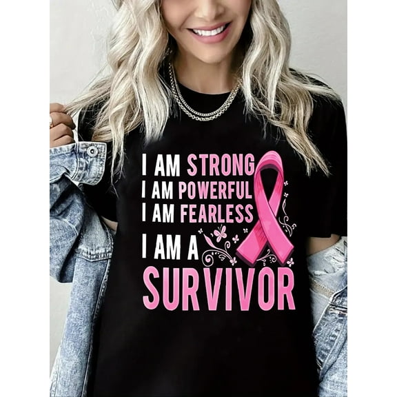 Breast Cancer Tshirts With Pink Ribbon Design Short Sleeve Shirts for Women Black One-Piece