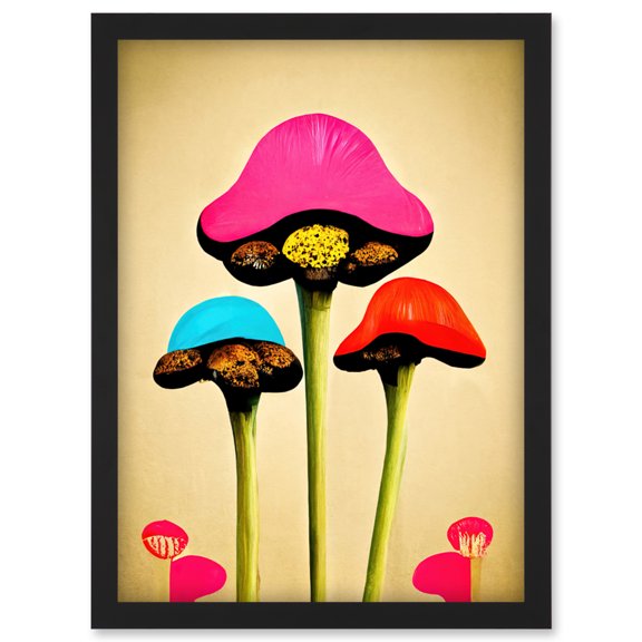 Pop Art Surreal Colour Vivid Fungi Mushrooms Artwork Framed Wall Art Print A4