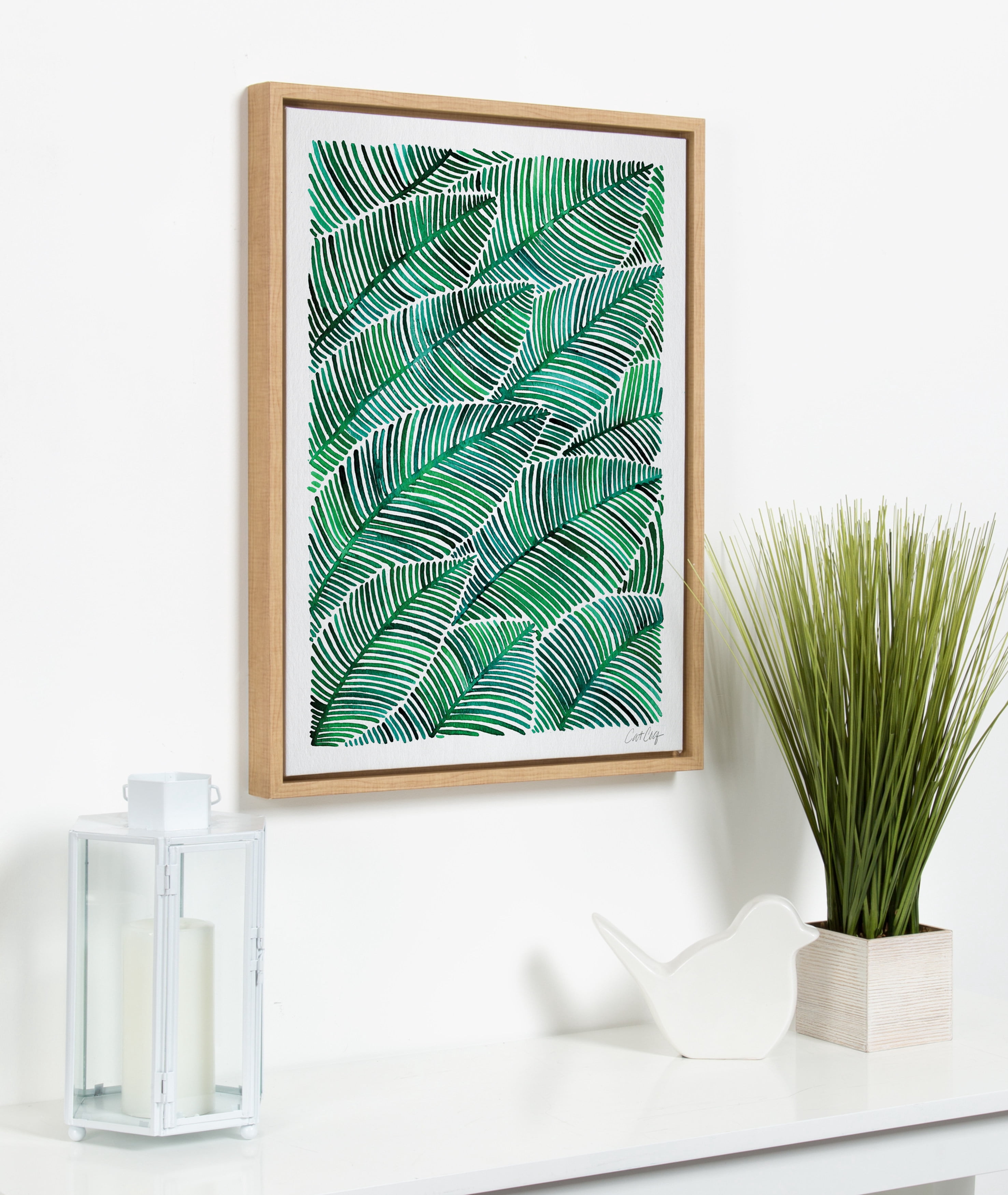 Kate and Laurel Sylvie Tropical Leaves Watercolor Framed Canvas Wall Art by Cat Coquillette, 18x24 Natural