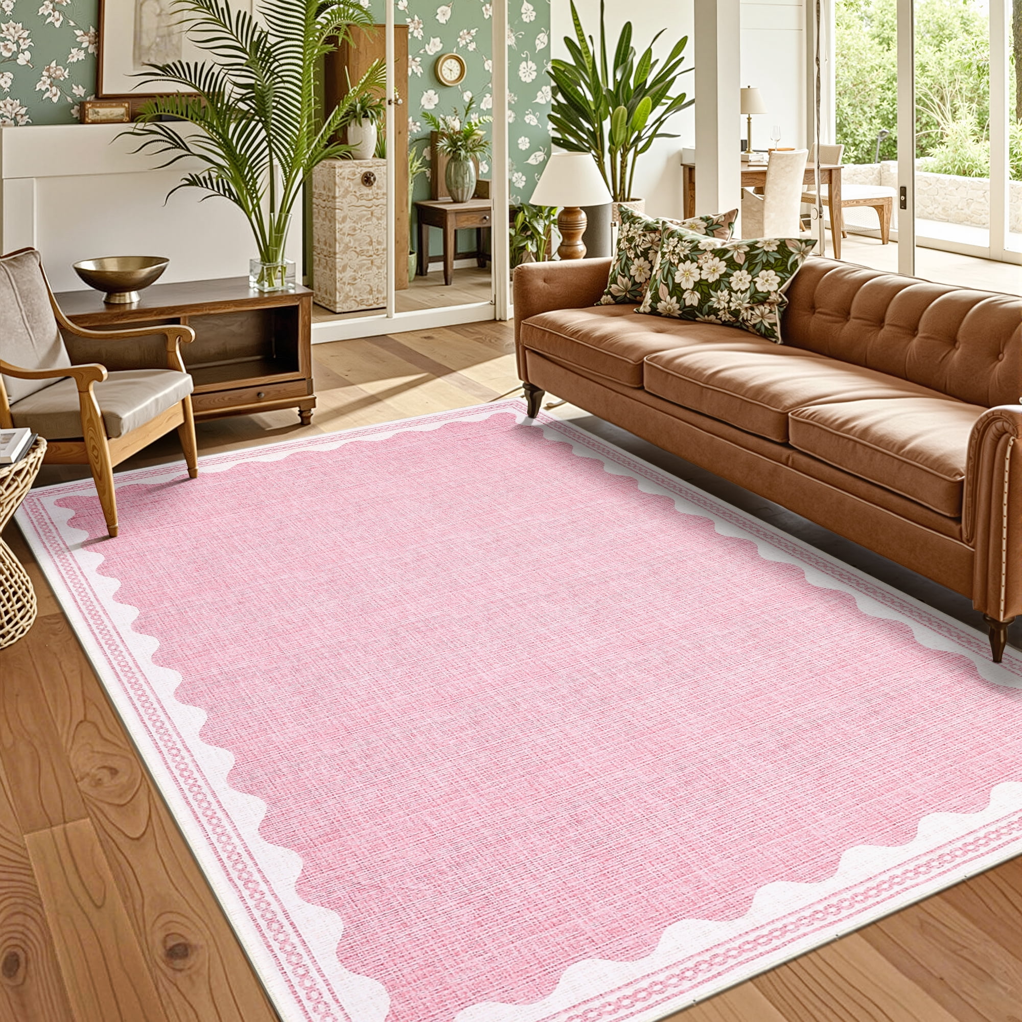 Hasoo Scalloped Washable Area Rug for Living Room Dorm Non Slip Indoor Geometric Bordered Throw Carpet, 8' x 10' Pink