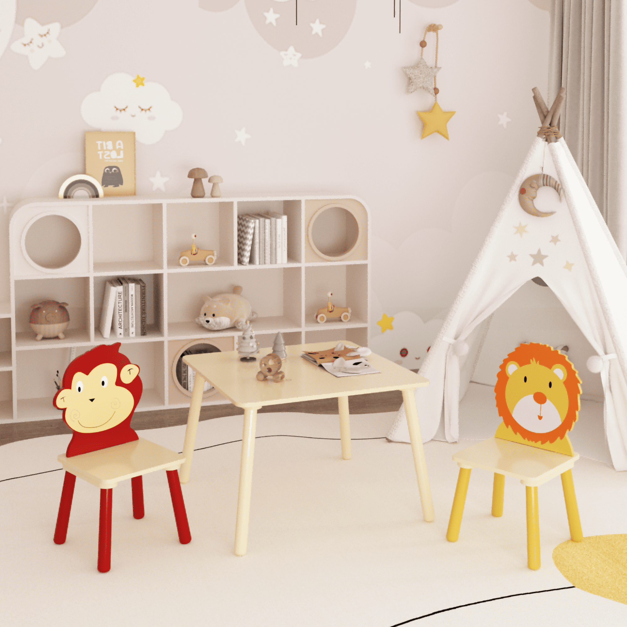 Kids Table and 2 Chairs Set, Wood Children Activity Table, Animals Chairs for Reading, Drawing, Kids Tables for Daycare, Kindergarten, Home