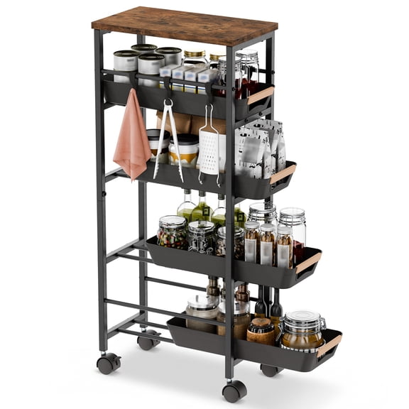 Gijjgole 5-Tier Slim Storage Cart with Wooden Top, 4 Pull-Out ABS Baskets & 6 Hooks, Narrow Rolling Organizer for Kitchen, Bathroom, Laundry, Black