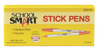 School Smart Round Stick Pen, Medium Tip, Red, Pack of 12