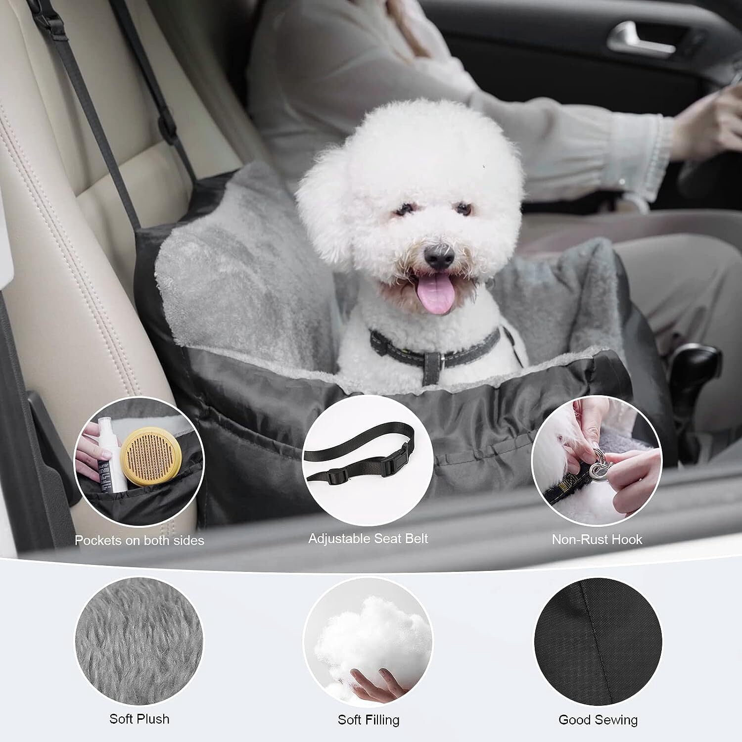 Medium Dog Car Seat, Dog Beds for Car, Pet Booster Seat, Fully Detachable and Washable, with Clip-on Safety Leash, Adjustable Straps for Small Pets up to 45lbs, Travel Carrier Bed