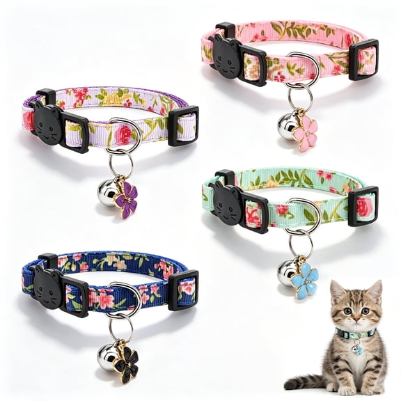 4 Pcs Breakaway Kitten Collars with Bells, Cute Adjustable Cat Collars, Pet Accessories for Cats and Kittens