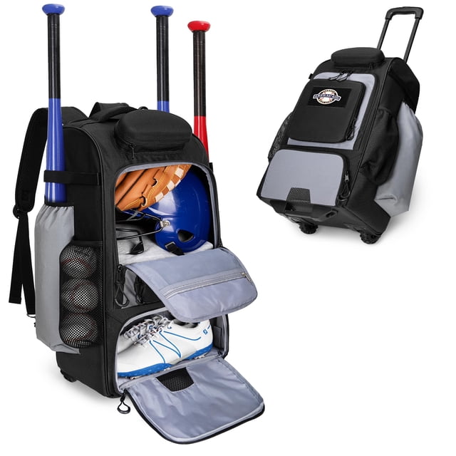 Mochila de béisbol con ruedas GOBUROS con capacidad para 4 bates con paquete de zapatos