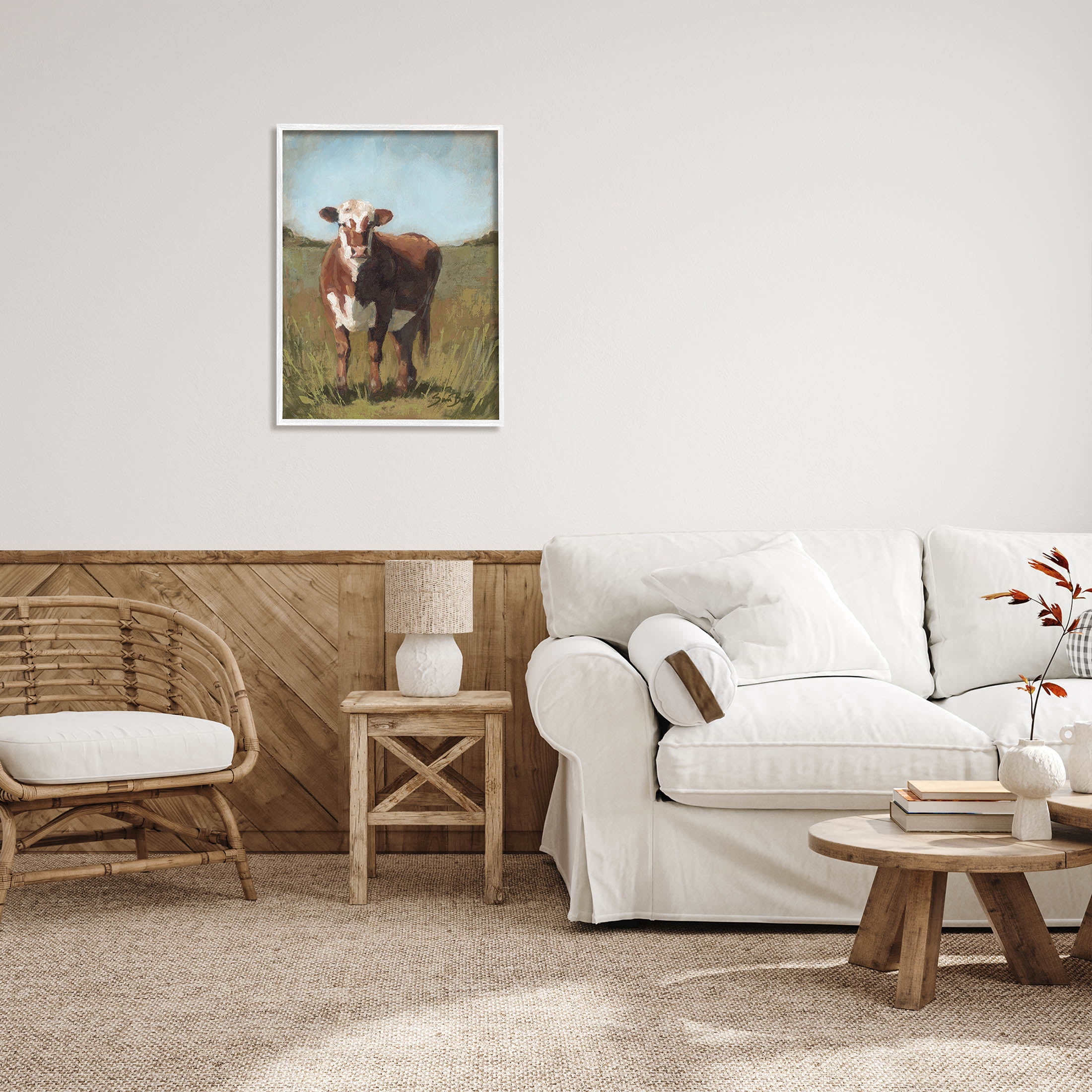 Cattle Vast Countryside Field Animals & Insects Painting White Framed Art Print Wall Art