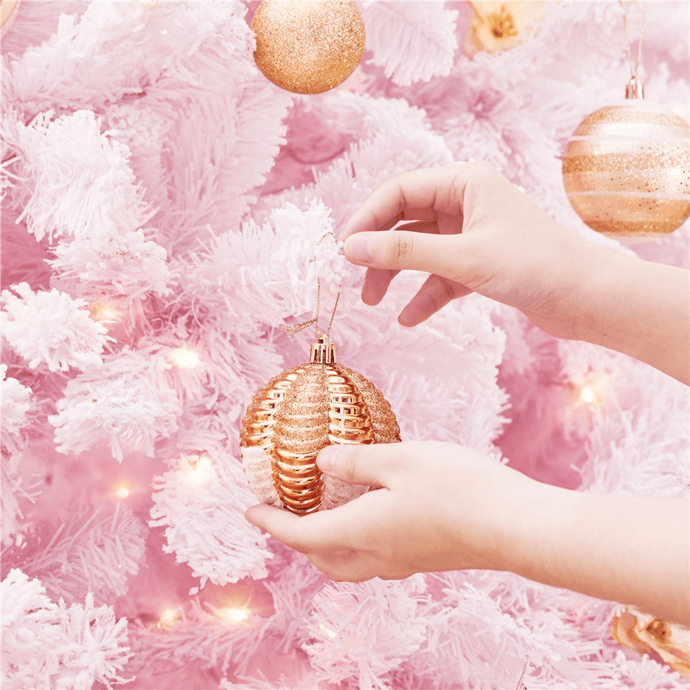 Alden Design 9Ft Pre-lit Flocked Artificial Christmas Tree with Incandescent Warm White Lights, Pink