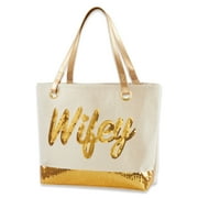 Angle View: Kate Aspen Gold Sequin Wifey Canvas Tote Bag