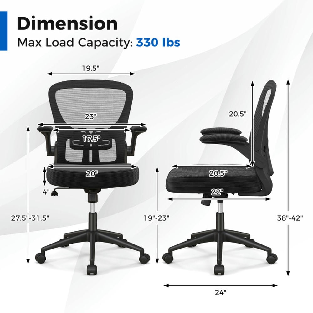 Demi Bonn Adjustable Swivel Mesh Task Office Chair with Flip-Up Armrests, Rolling Work Computer Desk Chair, Black