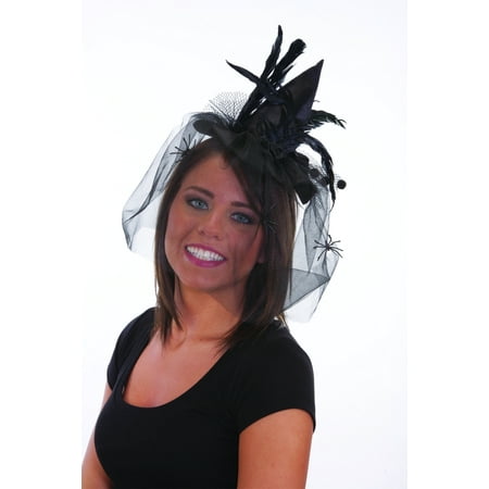 Witch Adult Womens Costume - Adult Mini Witch Hat On Headband Black Flower Feathers Womens Costume Accessory