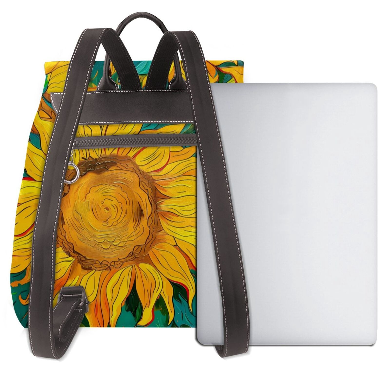 Gaeub Vibrant Sunflower Painting Print Women's Leather Backpack,Travel Laptop Backpack,Fashion Ladies Leather Backpack Bag for Travel,Leather Drawstring Daypack for Me