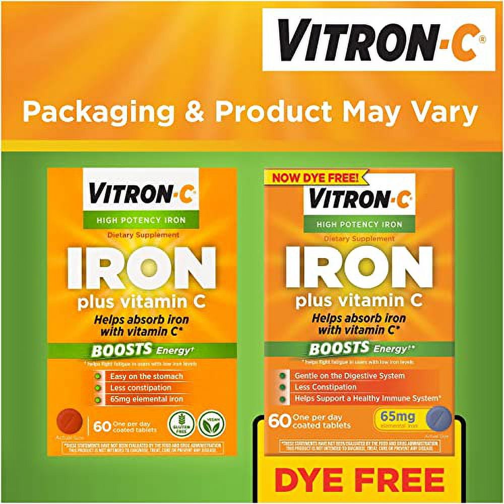 Vitron-C High Potency Iron Plus Vitamin C, Helps Absorb Iron, Gentle on Digestive System, Less Constipation, 60 Coated Tablets (pack of 5)