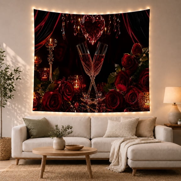 Lit Candle Slender with Stemmed Champagne Flutes, Cozy Farmhouse for Farmhouse Decor Lovers, Wall Decor, Valentine'S Day Gift, Tapestry Wall Hanging for Dorm and Living Room