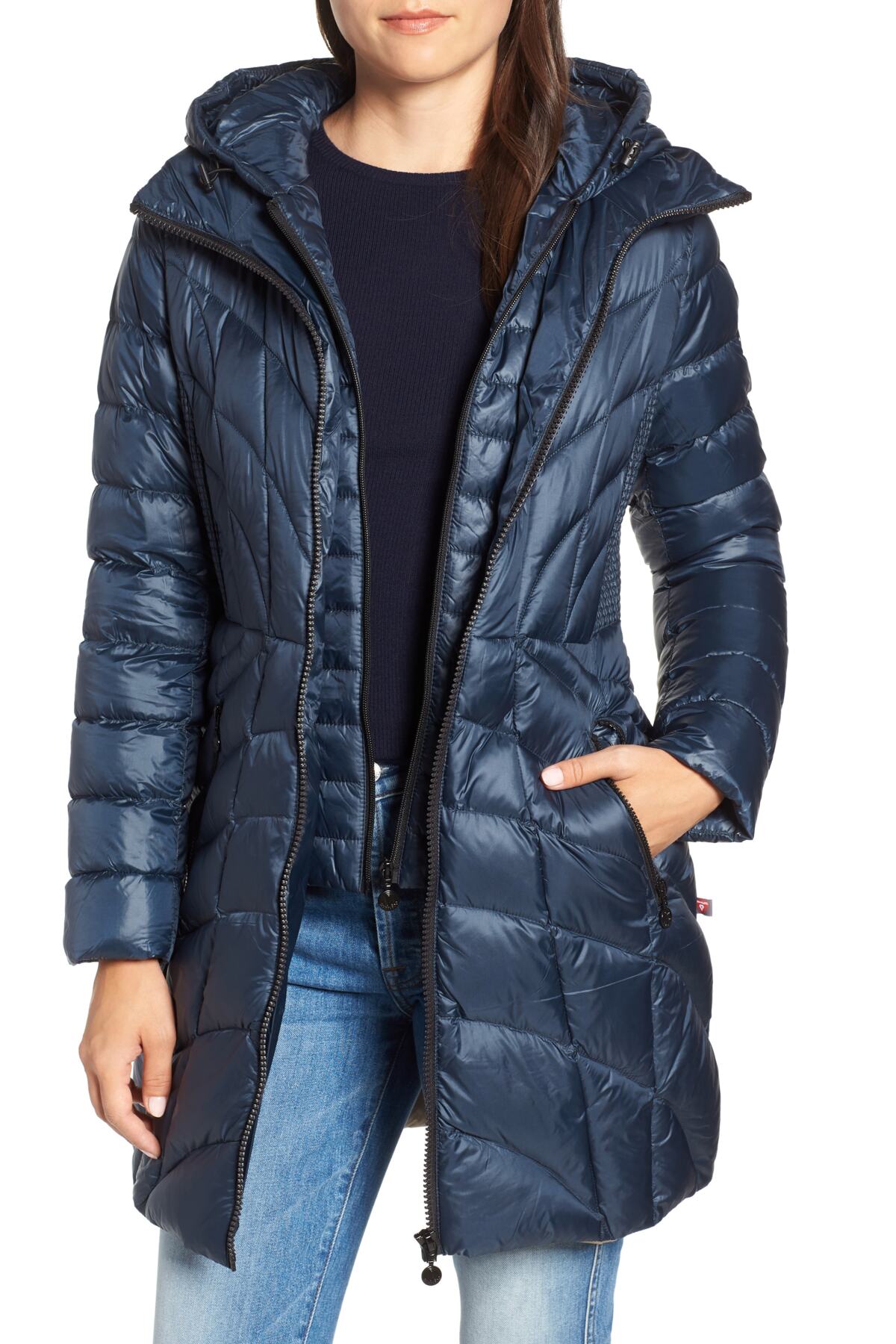 Bernard Coats & Jackets Womens Coat Navy Glossy Quilted Puffer Hooded