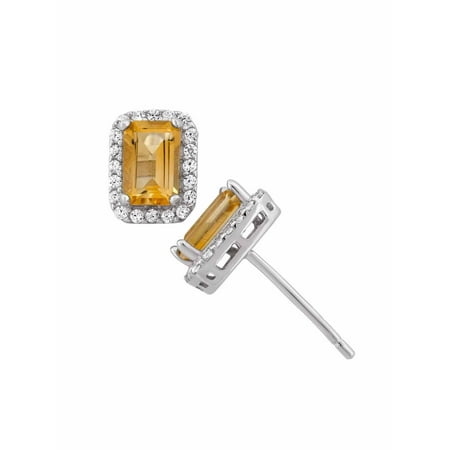 Champagne Quartz Earrings - Citrine and CZ Sterling Silver Emerald-Cut Halo Stud Earrings