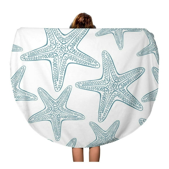 NUDECOR 60 inch Round Beach Towel Blanket Blue Seashells Starfish Pattern in Nautical Sea Aloha Travel Circle Circular Towels Mat Tapestry Beach Throw