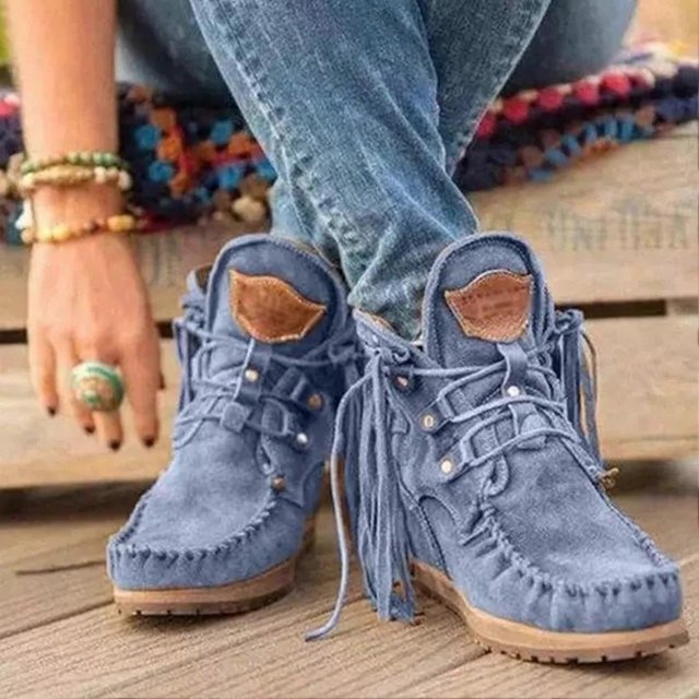 ZHAOCHENG Botines de suela gruesa para mujer Botines de invierno de talla grande para mujer Botines con borlas Frenal Botines de punta cuadrada para mujer 39 Azul