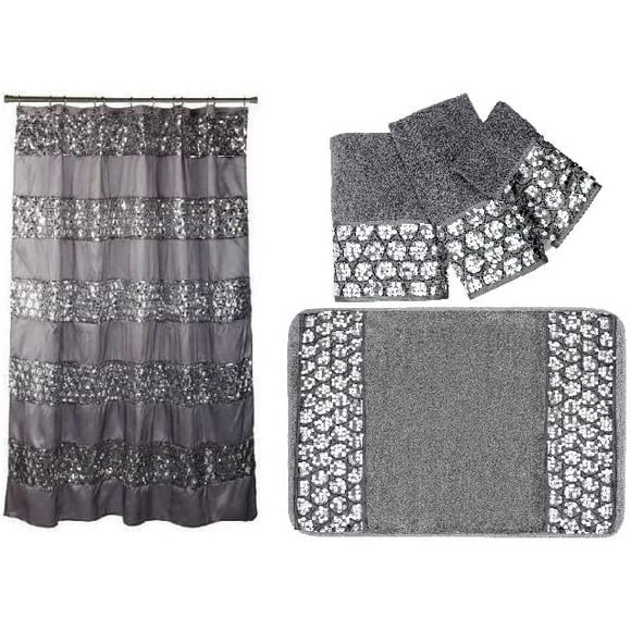 5 Items: Sinatra Shower Curtain, Bath Towel, Hand Towel, Fingertip Towel and Bath Rug with Sequins, Silver