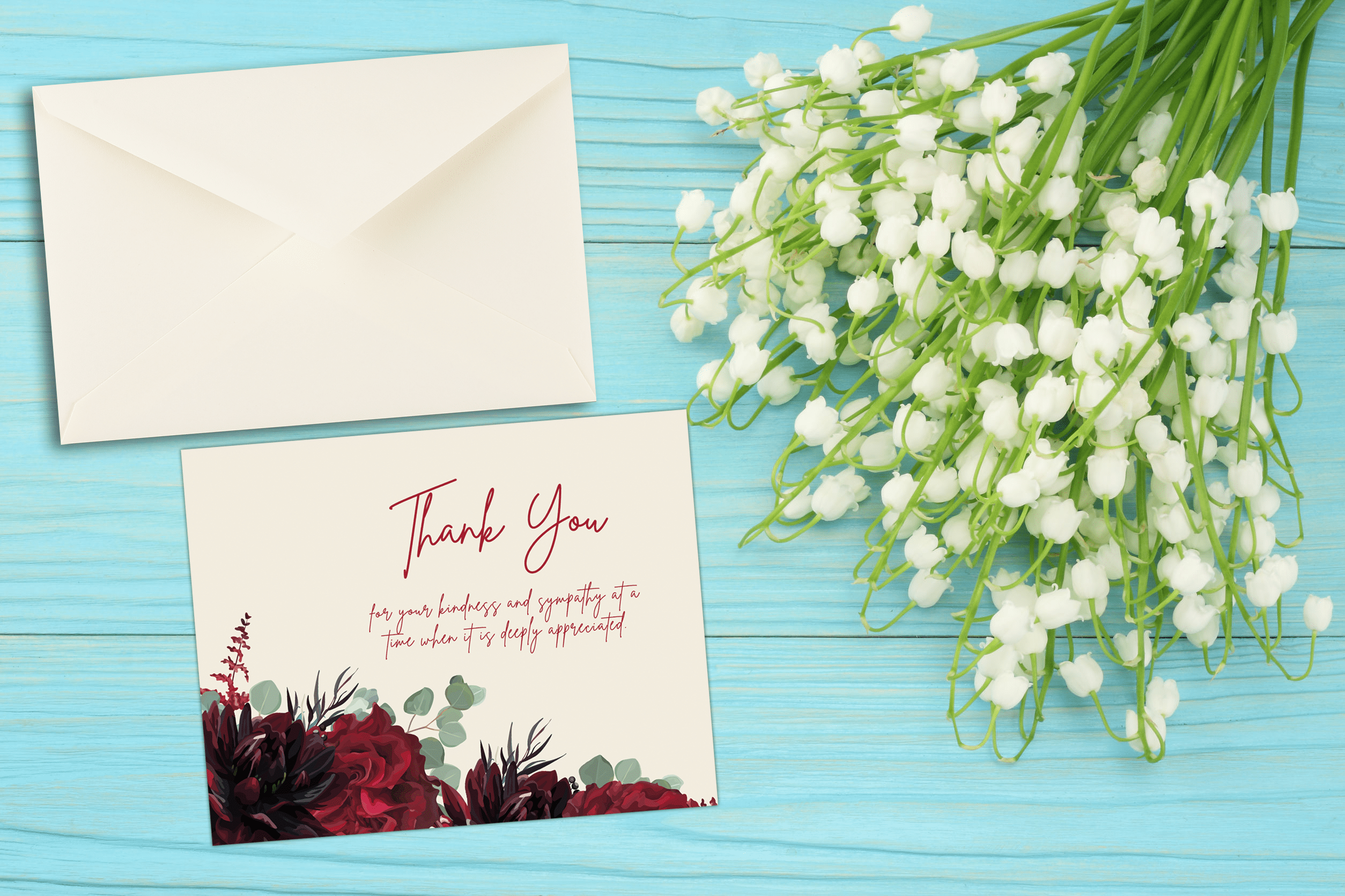 50 Funeral Sympathy Bereavement Thank You Cards With Envelopes (Red Floral)