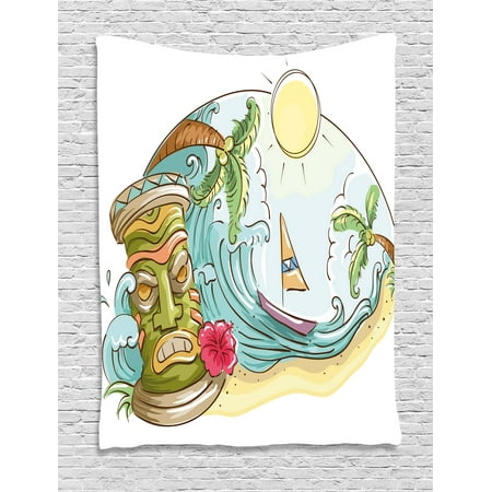 Tiki Bar Decor Tapestry, Circular Frame with Tropical Accents Cartoon Beach Tiki Statue Illustration, Wall Hanging for Bedroom Living Room Dorm Decor, 60W X 80L Inches, Multicolor, by