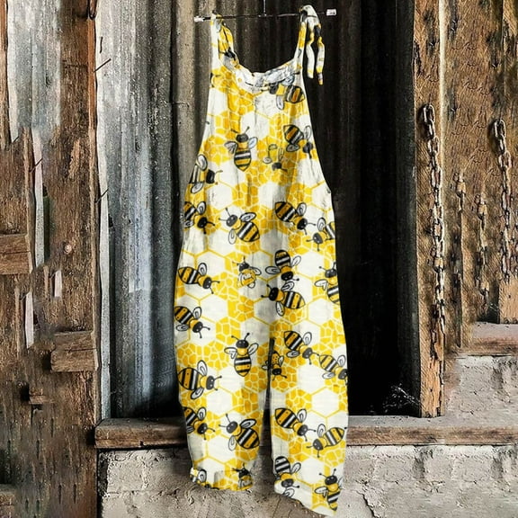 Pxkloy Womens Sleeveless Jumpsuit Loose Spaghetti Strap Baggy Overalls Jumpers Cute Bee Print Casual Cotton Linen Long Pants Rompers with Pockets 2025 Yellow,XXL