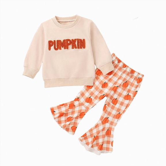 NOLDARES Toddler Baby Girl Bell Bottom Outfit Ruffle Top Flare Pants Sets ,Newborn Baby Girl Fall Winter Clothes, for Halloween Pumpkin Print Outfits(T612-Orange)