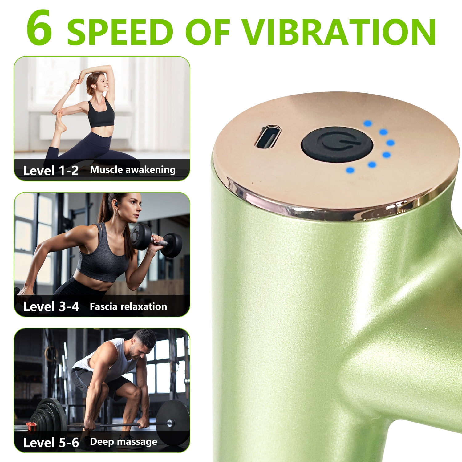 Syenll Massage Gun, Massage Gun Deep Tissue, Percussion Massage Gun with 4 Heads and 6 Speeds, Handheld Massager for Athletes Pain Relief, Green