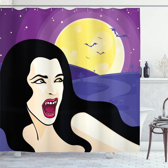 Ambesonne Halloween Shower Curtain, Vampire Girl on Cemetery, 69"Wx75"L, Purple Lavender and Dark Grey