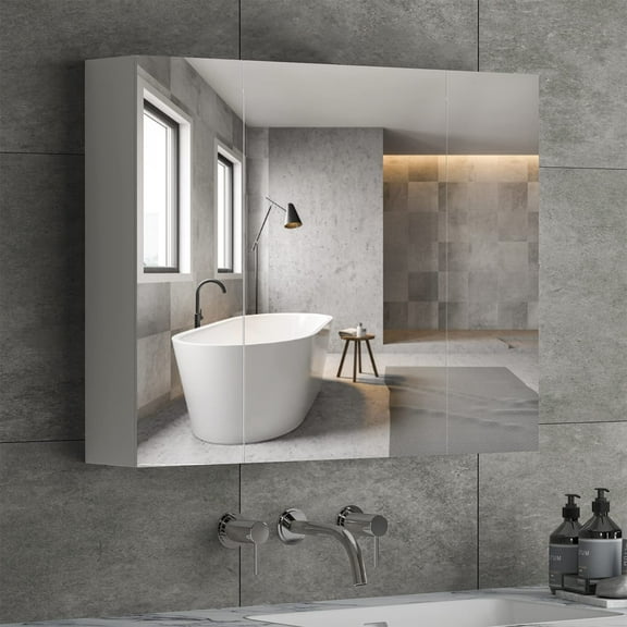 Medicine Cabinet with Mirror&3 Doors, Wall Mounted Bathroom Mirror Storage Cabinet with 3 Adjustable Shelves for Living Room Entryway, White