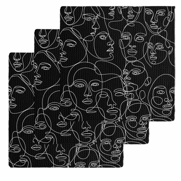 Abstract Style Kitchen Dish Towels for Drying Dishes Set of 3, Black Face Line Modern Character Art Waffle Weave Microfiber Hand Tea Bathroom Towels Quick Dry & Absorbent Towel 12x12