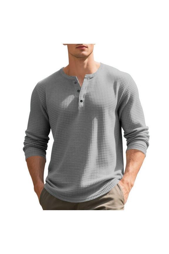 Long Sleeve Shirts for Men Waffle French Terry Crewneck Sweatshirt Lightweight Fleece Pullover Sweater ,Gray,S
