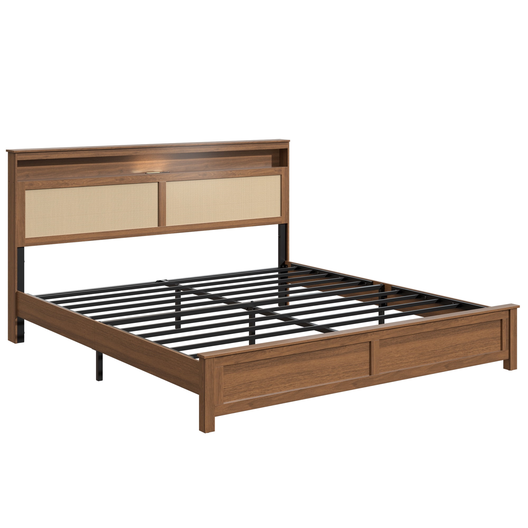 King Bed Frame 86.02 Inch, Rattan Headboard with Built In LED Reading Light and Storage Shelf, Modern Farmhouse Platform Bed, No Box Spring Needed, Brown
