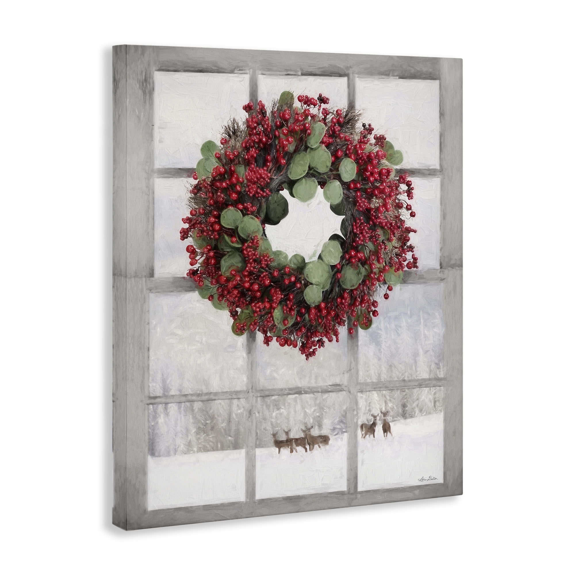 Stupell Industries Holly Wreath & Reindeer Holiday Painting Gallery Wrapped Canvas Art Print Wall Art, 24 x 30