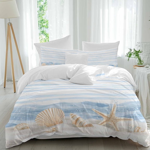 Summer Beach Seashell Full Size Comforter Set, Ocean Watercolor Sea Shell Starfish Stripe Wave Bedding for All Seasons, 4 Pcs Bed Set, 1Quiltcover (86"x86") ,1Sheet(80"x116"), 2Pillowcases (30"x20")