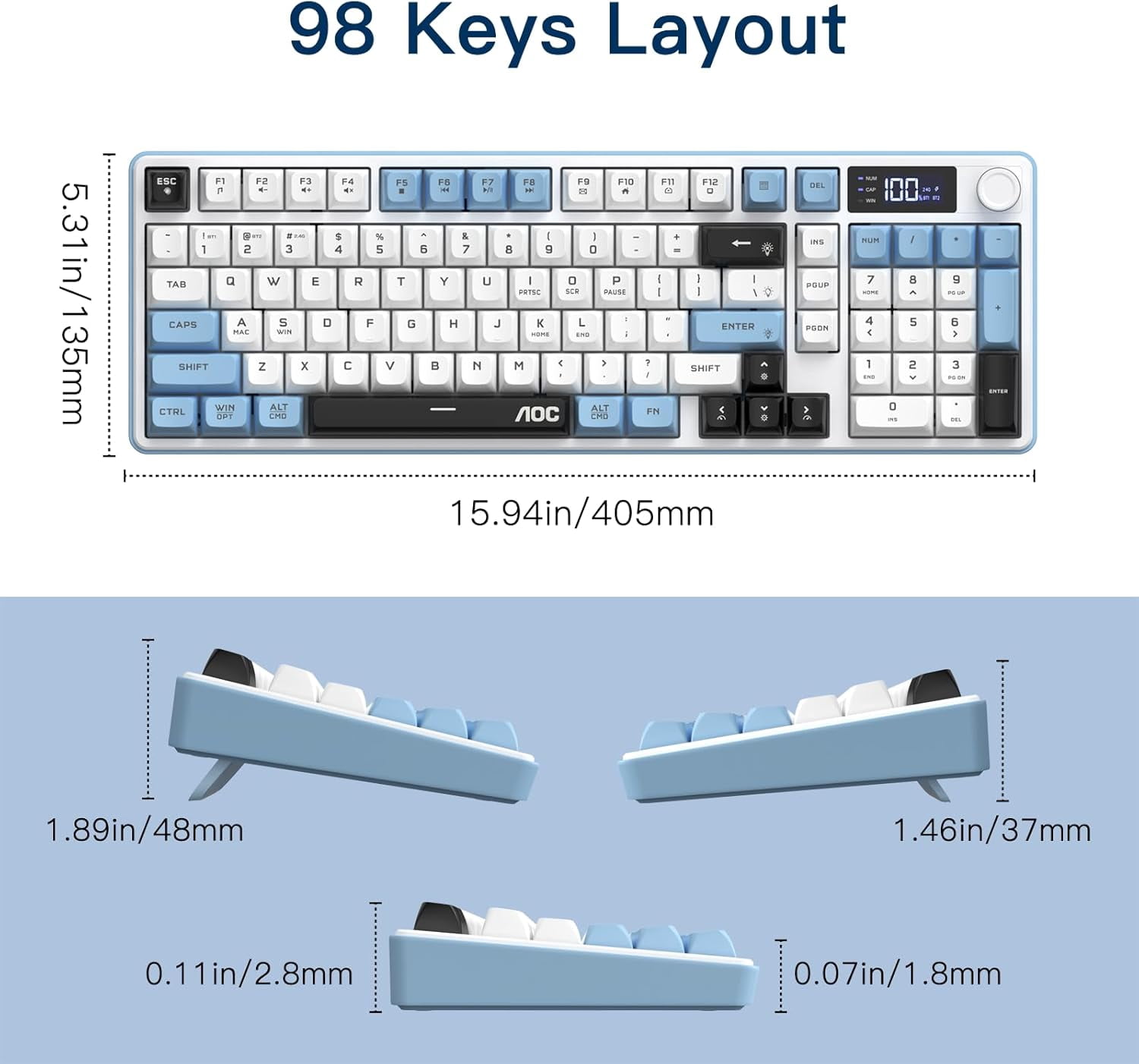 AOC Wireless Gaming Keyboard with Smart Display & Knob Control, Tri-Mode BT/2.4G/USB-C RGB Backlit Creamy Keyboard with Number Pad, Anti-Ghosting Keys, Compatible for Windows Mac