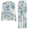 thumbnail image 5 of Blue And White Toile De Jouy Print Womens Pyjamas Set Button Up Pyjamas Womens with Long Sleeve Top And Wide Leg Pants V-neck Loungewear Sets, 5 of 9