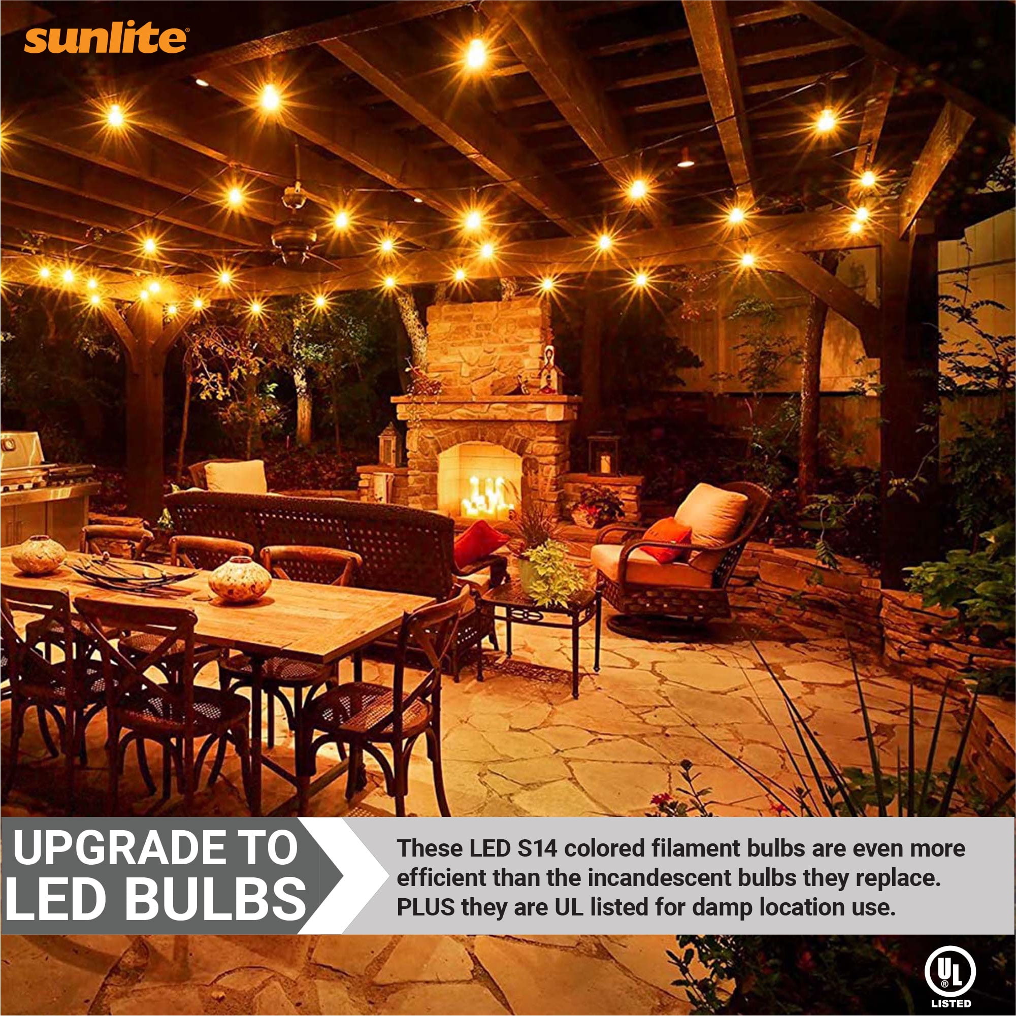 Sunlite LED S14 String Light Bulb, 2 Watts (25W Equivalent), Medium E26 Base, Party Decoration, Holiday Lighting, Transparent, Dimmable, UL Listed, Amber, 6 Count