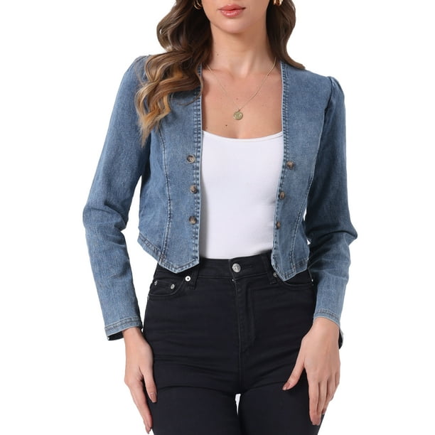 Chaqueta de mezclilla recortada INSPIRE CHIC para mujer, bolero casual sin cuello, M, azul polvo