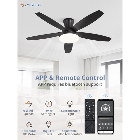 48 inch Ceiling Fan with Light and Remote APP Control, Black Low  Flush Mount Fan for Bedroom  Indoor Outdoor