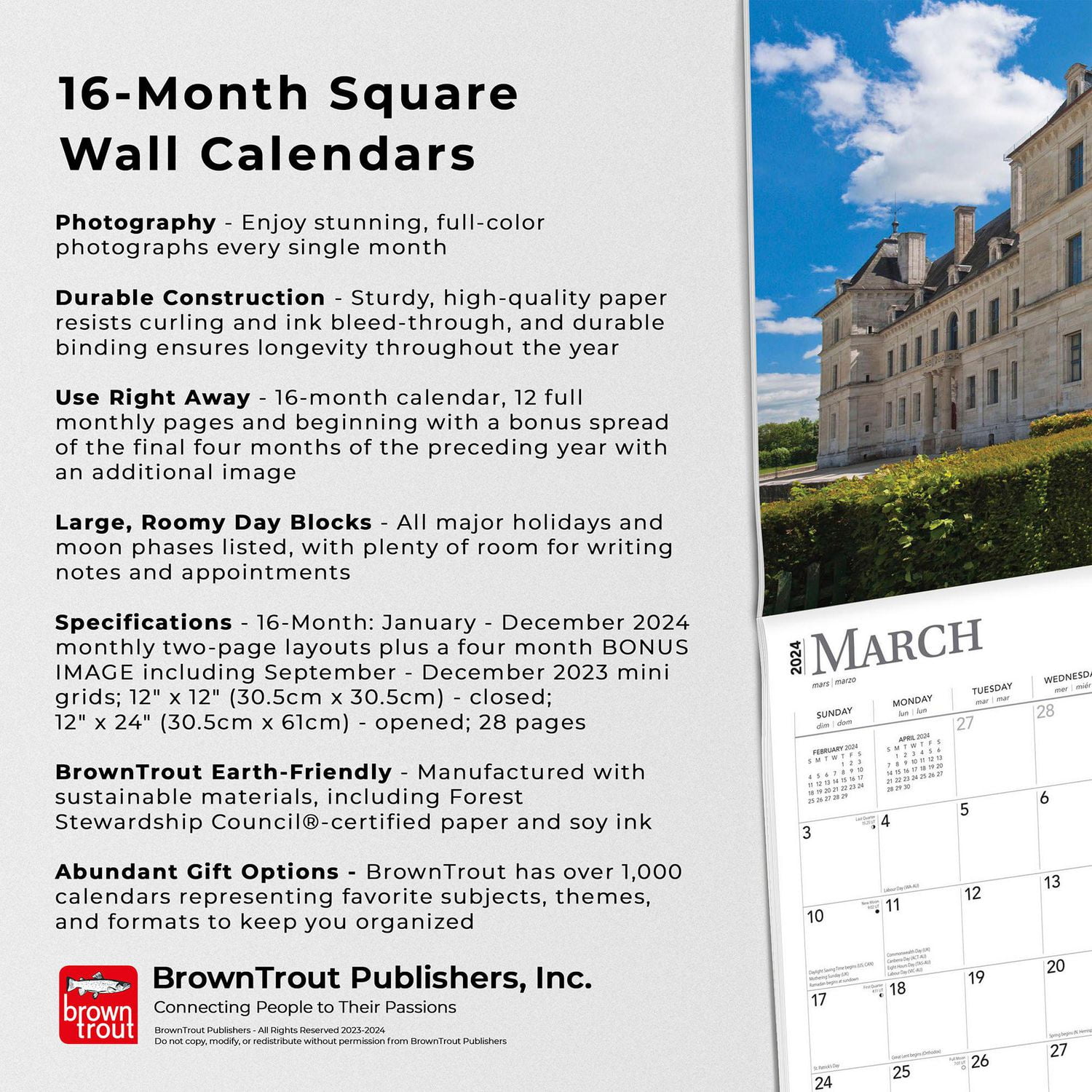 BrownTrout France La France 2024 12x24 Inch Square Wall Calendar, 9781975462734