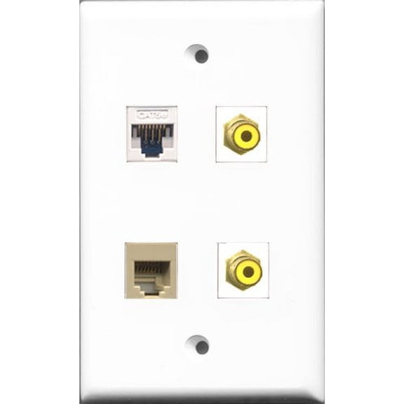 RiteAV - 2 Port RCA Yellow and 1 Port Phone RJ11 RJ12 Beige and 1 Port Cat5e Ethernet White Wall Plate