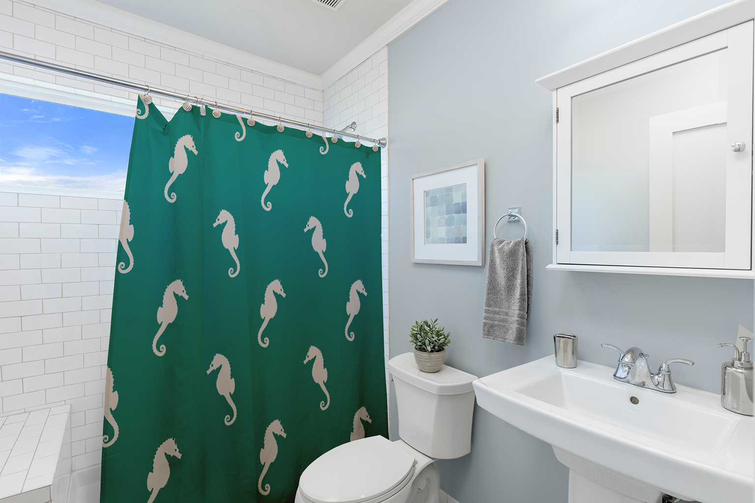 Simply Daisy 70" W x 73" L Sea Horses Polyester Shower Curtain, Kelly Green [1 Ct]