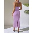 thumbnail image 2 of Lilac Purple Floral Embellished Halter Neck Fitted Sleeveless Midi Dress With Tassel Hem, 2 of 6